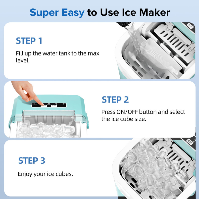 Auseo Countertop Ice Maker, 2 Sizes, 26Lbs/24H, 8 Ice in 6 Mins (Light Green) gallery