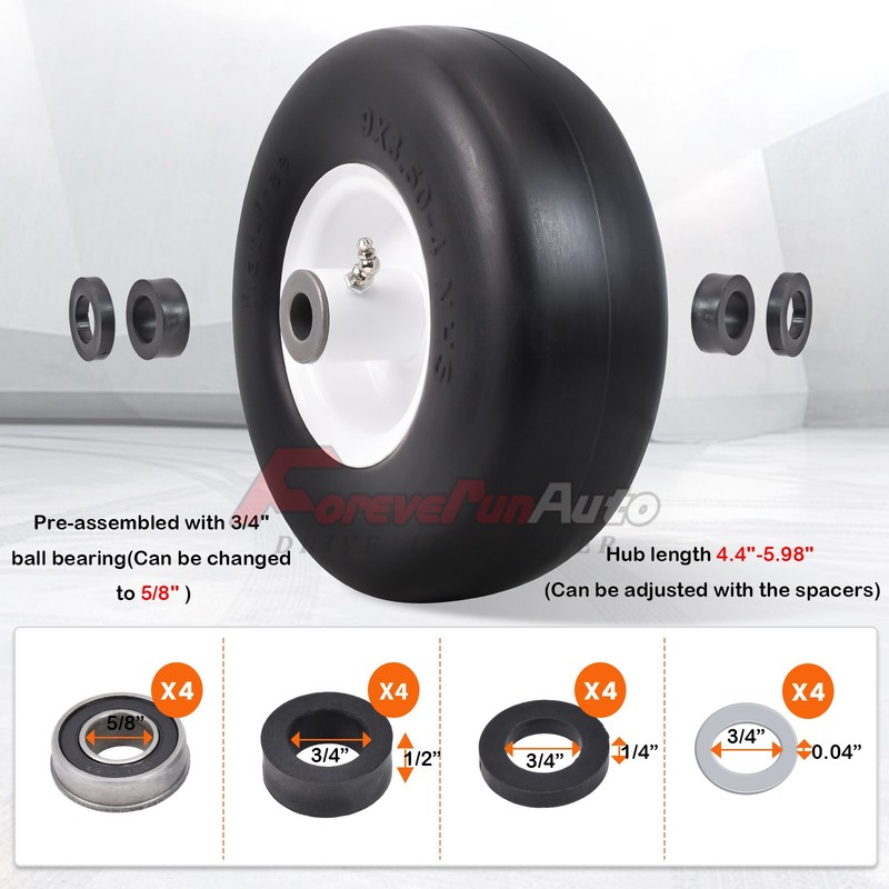 2pcs 9x3.50-4 Flat Free Wheel Tire Solid Smooth Lawn Mower,3/4" or 5/8" Bearing gallery