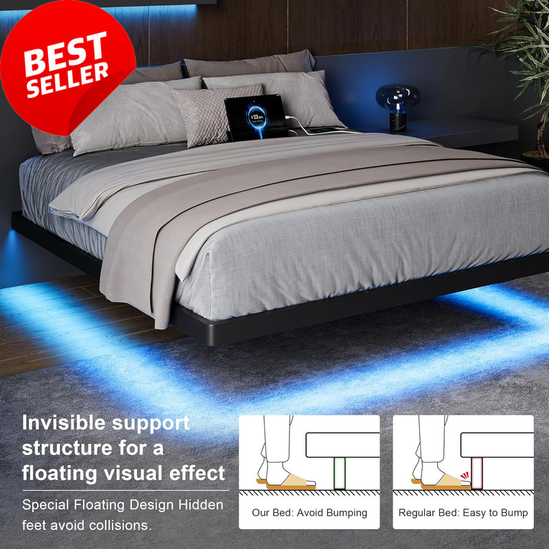 Full Size Floating Bed Frame with LED Lights & Charging Station, Black Metal gallery