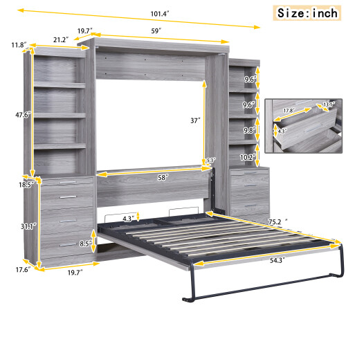 Murphy Wall Bed with Storage Drawer & Bookshelves Cabinet Bed Twin Full Size Bed gallery