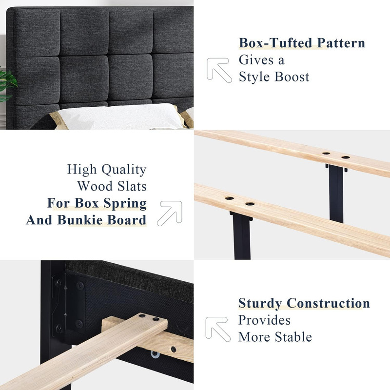 Stylish Queen Size Panel Bed Frame with Adjustable Dark Grey Upholstered Headboa gallery
