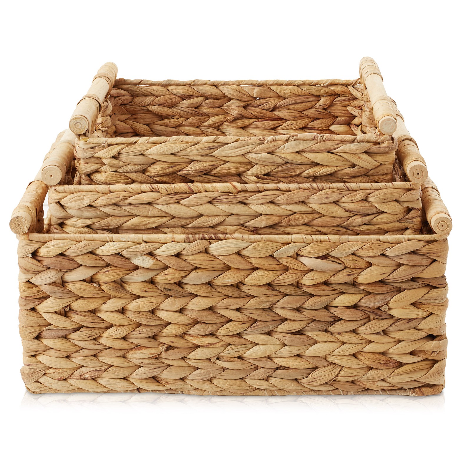 3-Piece Hyacinth Rectangular Storage Basket Set w/ Wood Handles, Natural Wicker gallery