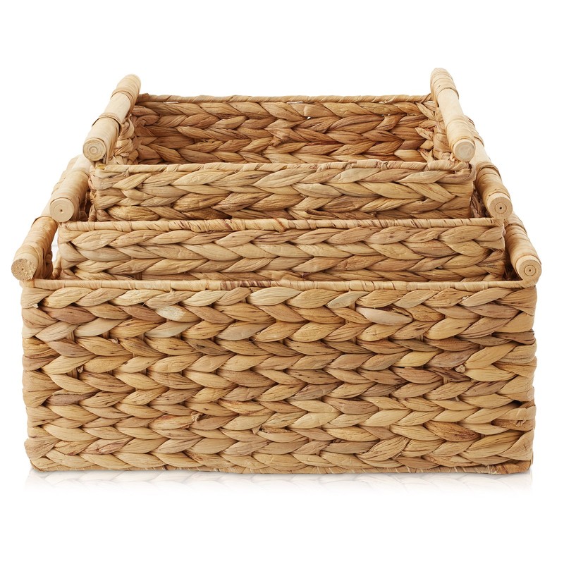 3-Piece Hyacinth Rectangular Storage Basket Set w/ Wood Handles, Natural Wicker gallery