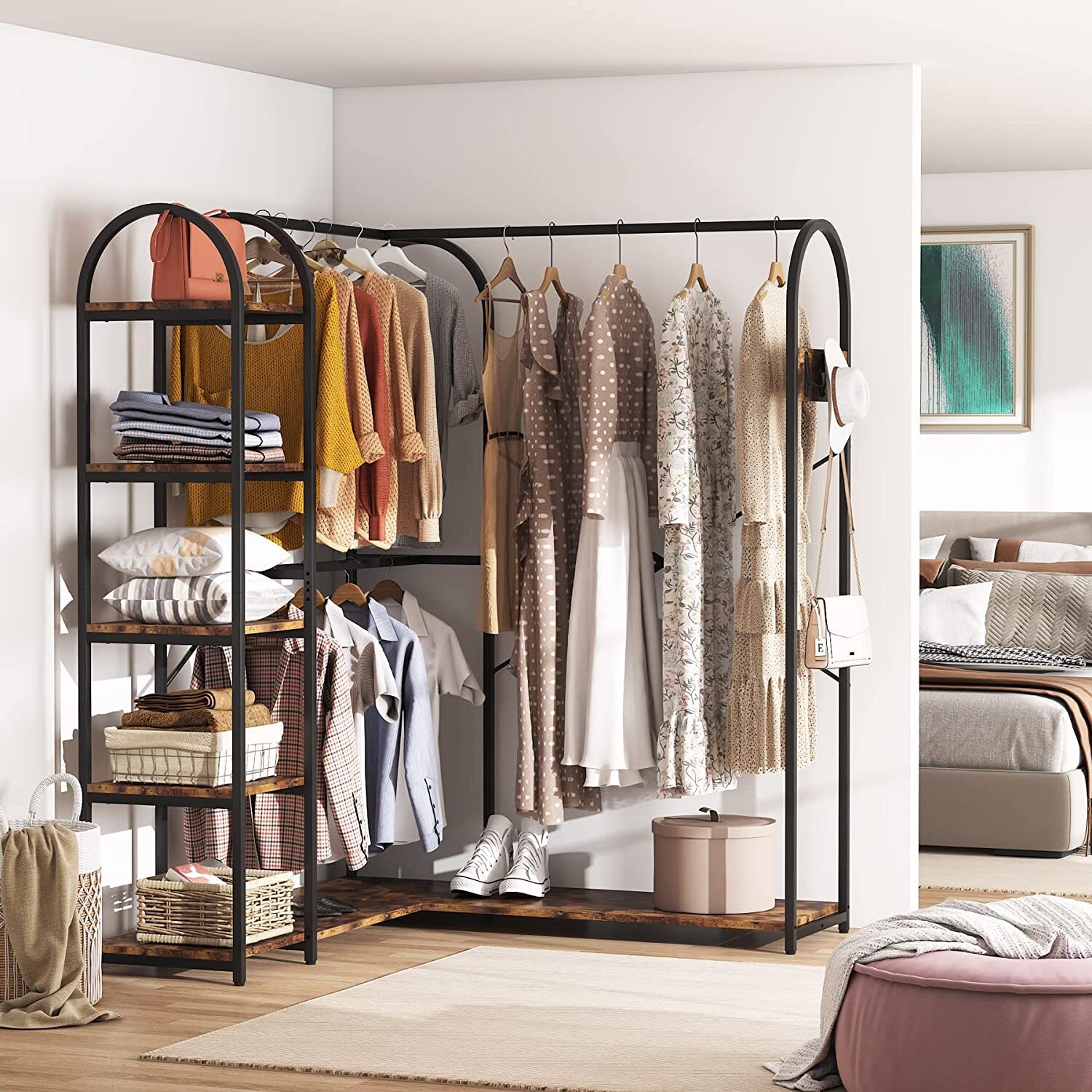 Tribesigns L Shape Corner Clothes Garment Rack w/ Storage Shelves & Hanging Rods gallery