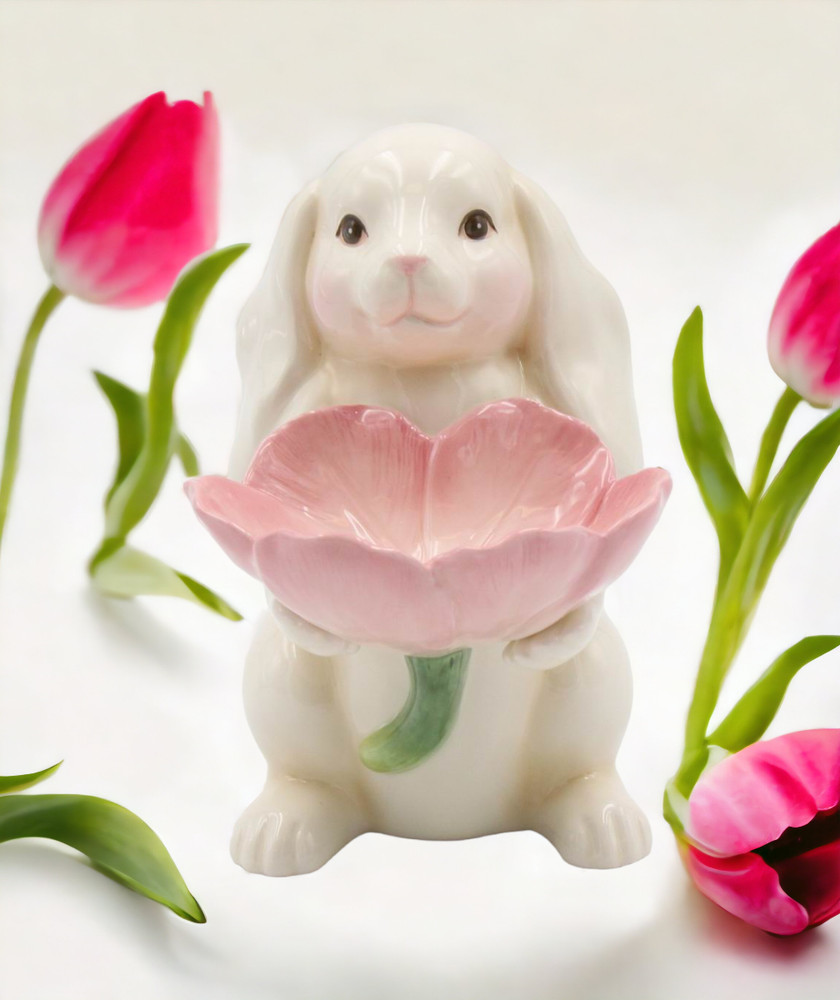 Springtime Bunnies: Easter Bunny Rabbit Holding Pink Flower Candy Dish, Spring D