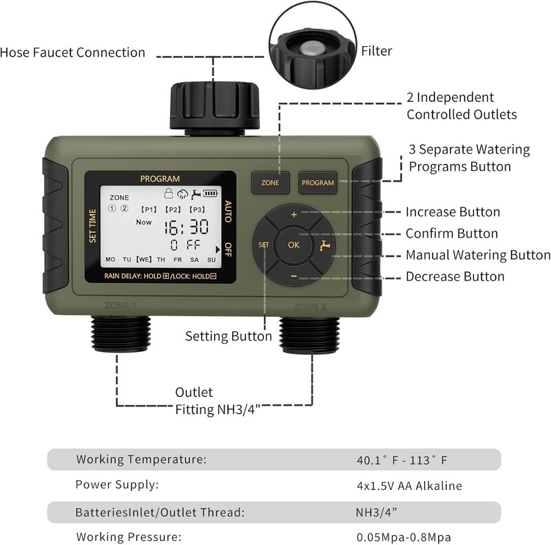 Sprinkler Timer 2 Zone Water Timer Outdoor Irrigation with Rain Delay for Garden gallery