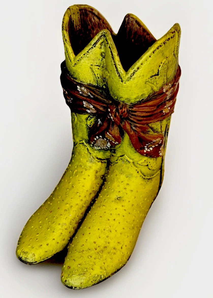 Western Cowboy Boot Planter Vase Distressed Green Yellow Rustic Country Decor 5" gallery