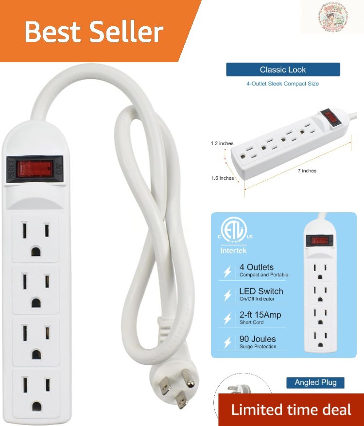 Compact 4-Outlet Surge Protector with 90 Joules & Portable Flat Plug Design