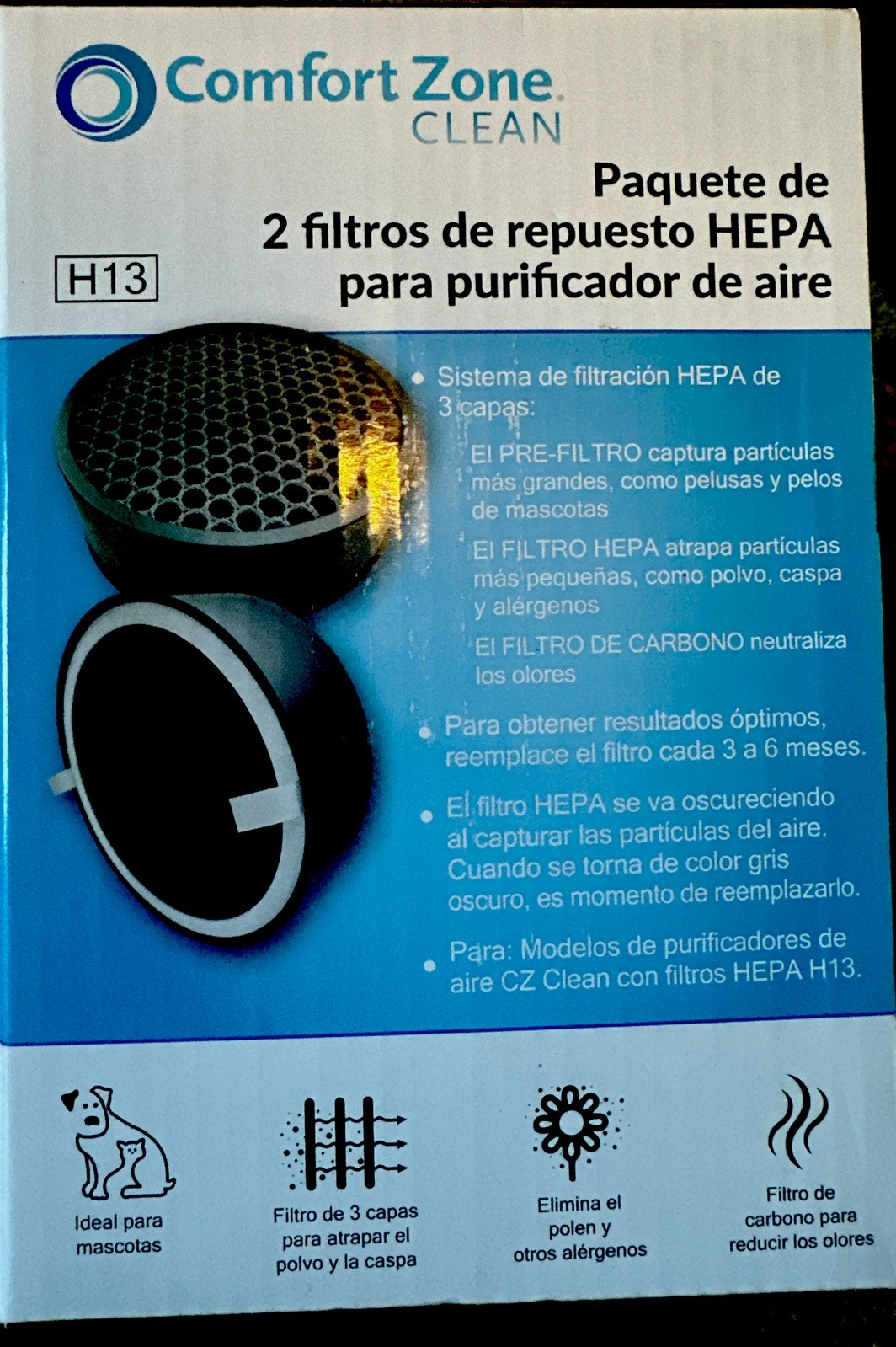 Comfort Zone Clean Air Purifier H13 HEPA Replacement Filter 2-Pack MPN CZAPH132 gallery