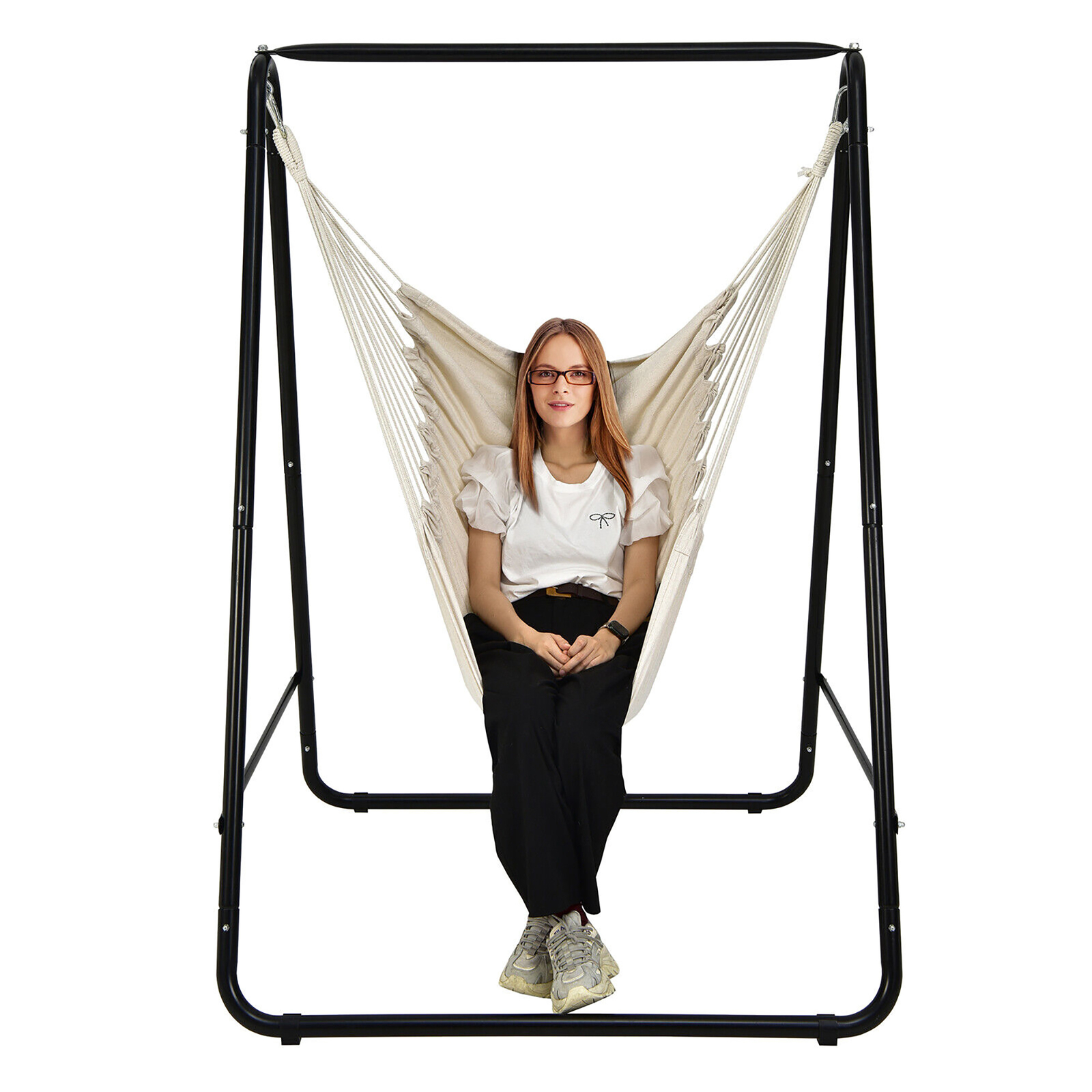 Hammock Chair Stand Hanging Padded Swing Heavy Duty Steel Outdoor Beige gallery