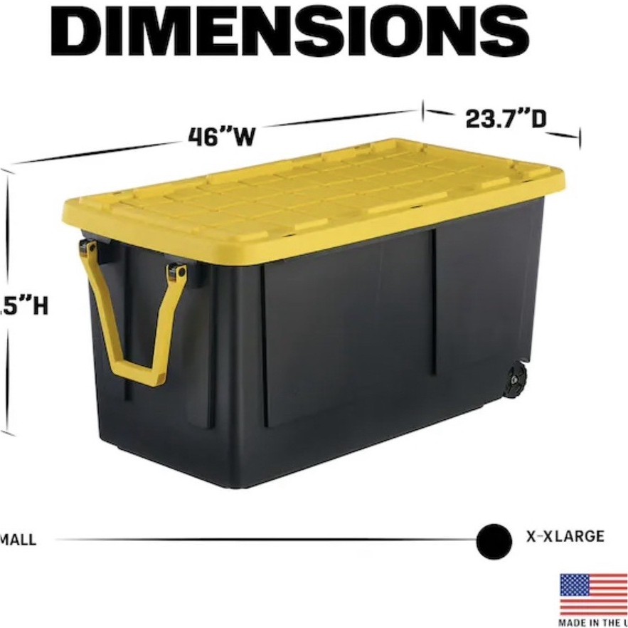 75 Gallon Extra Large Black Yellow Plastic Storage Container, Lidded, Stackable gallery