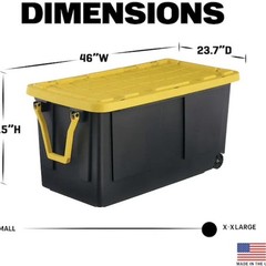 75 Gallon Extra Large Black Yellow Plastic Storage Container, Lidded, Stackable