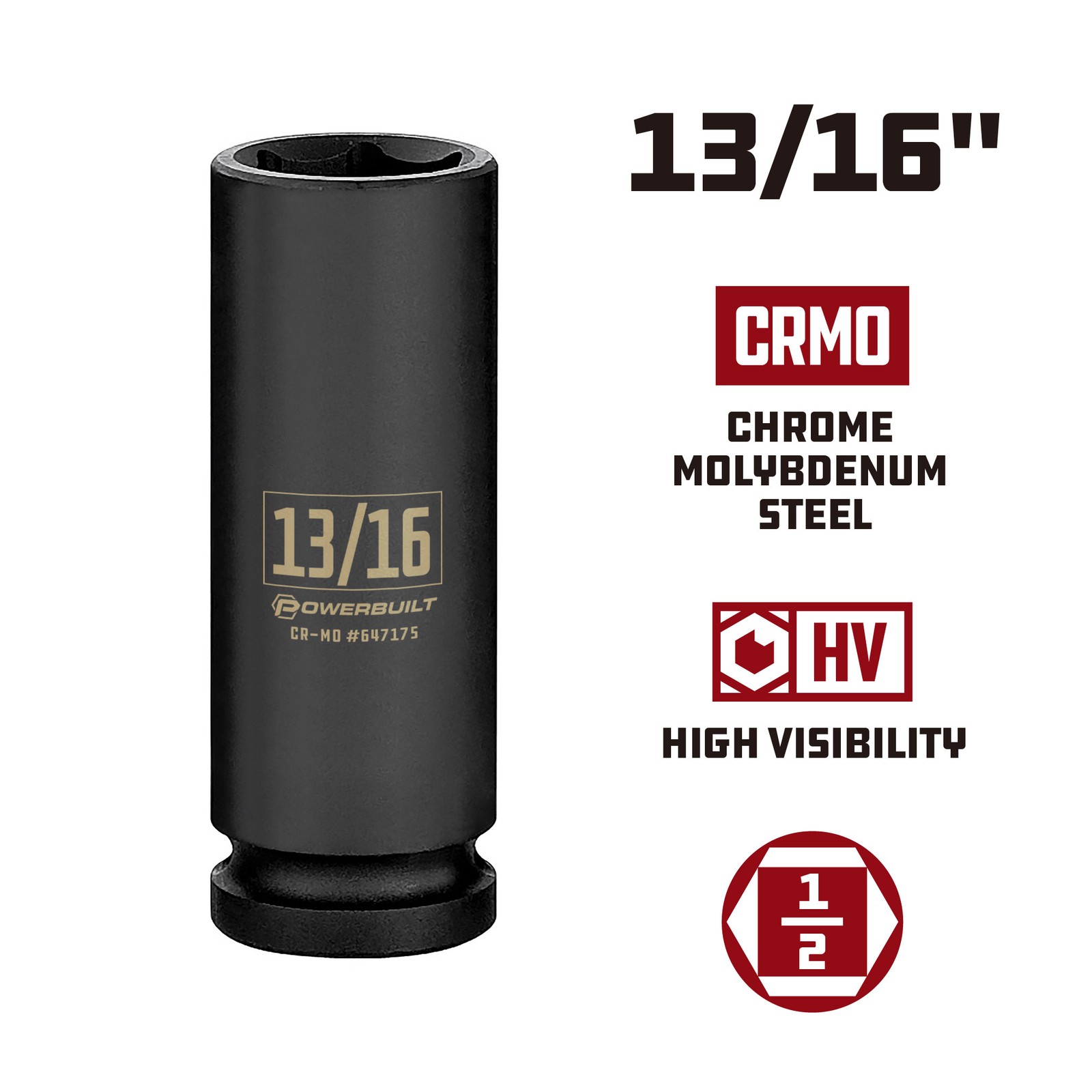 Powerbuilt 1/2 Inch Drive x 13/16 Inch 6 Point Deep Impact Socket - 647175 gallery