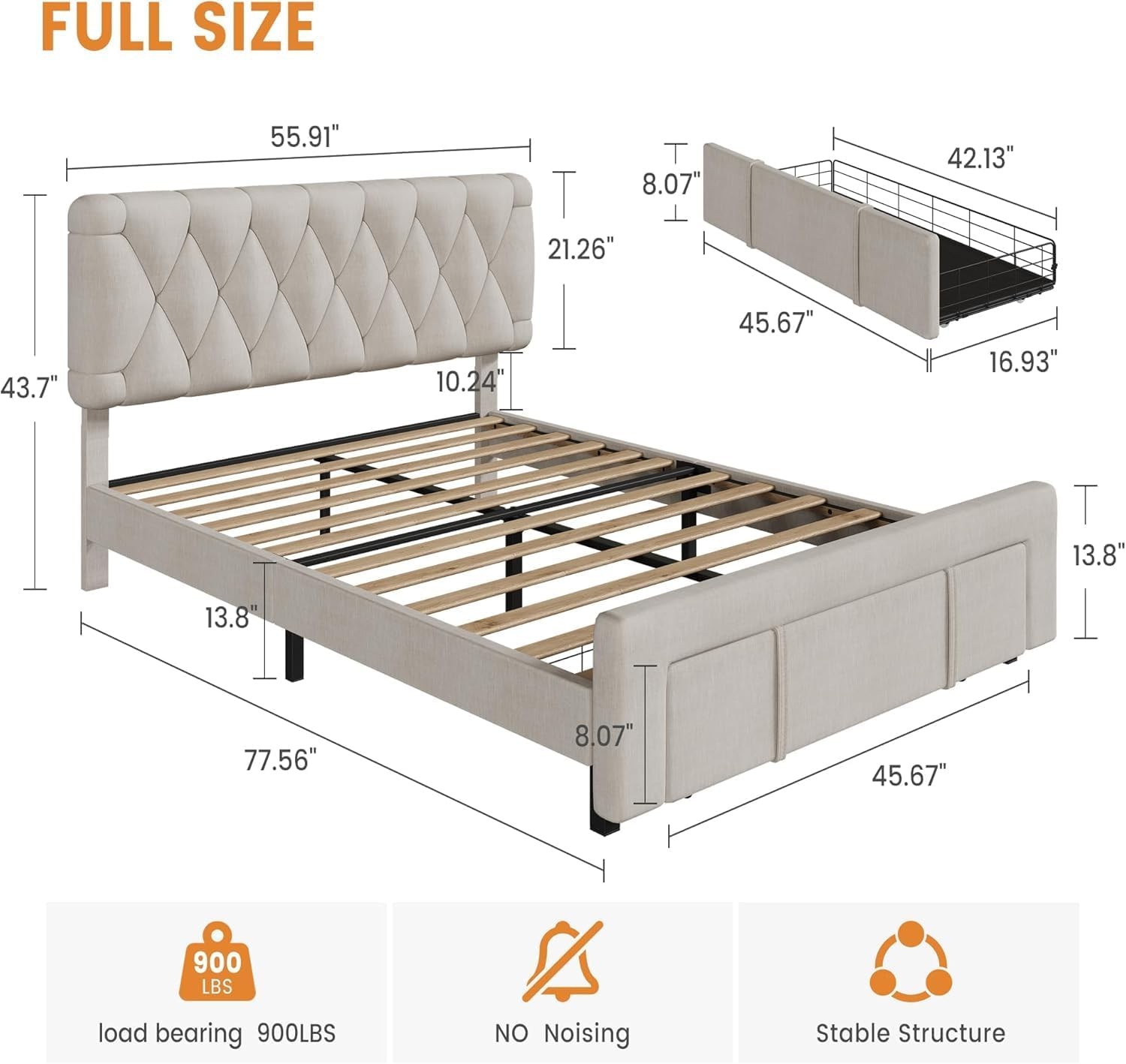 Full Queen King Bed Frame, Upholstered Platform Bed Frame with 2 Storage Drawers gallery