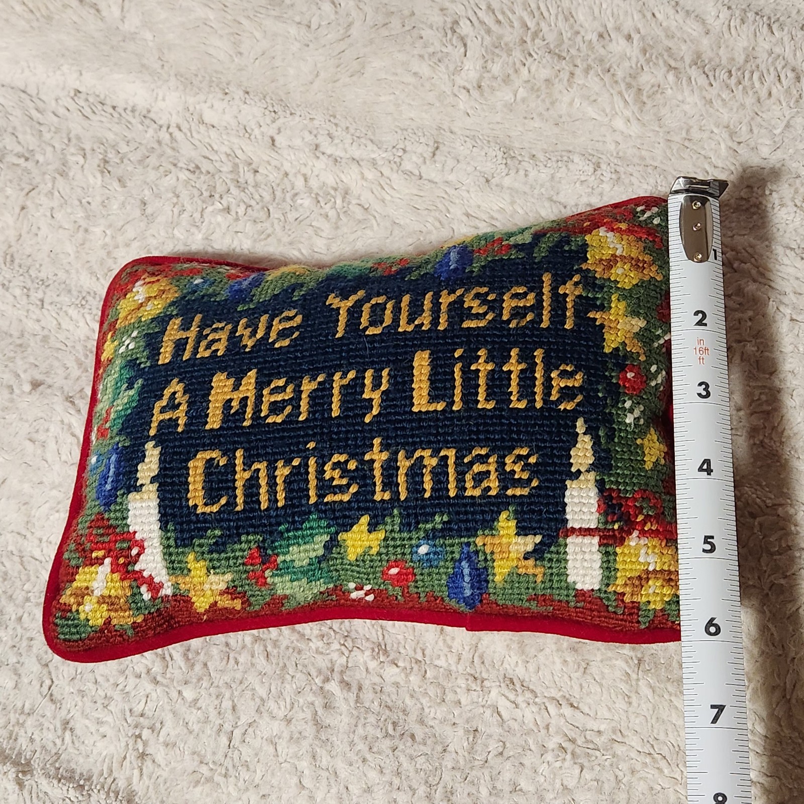 Needlepoint ‘Have Yourself A Merry Little Christmas’ 8”x6” Velvet Back Pillow gallery