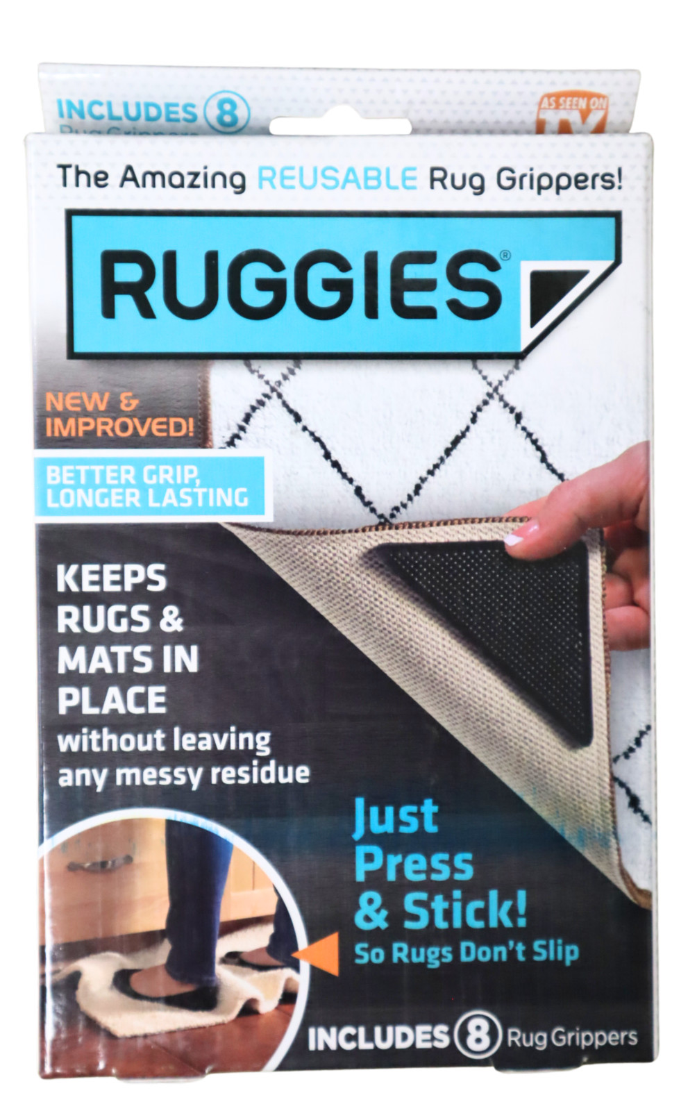 Ruggies Reusable Rug Grippers 8 Pack Stopper Pad Washable Carpet Floor Mat Black gallery