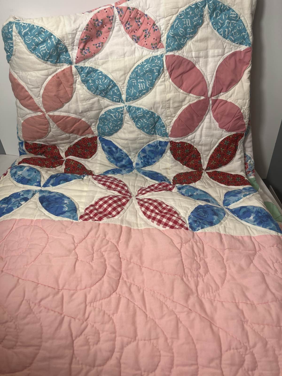 Hand Quilted Orange Peel Quilt Pink Blue Floral Patchwork Cottagecore Style gallery