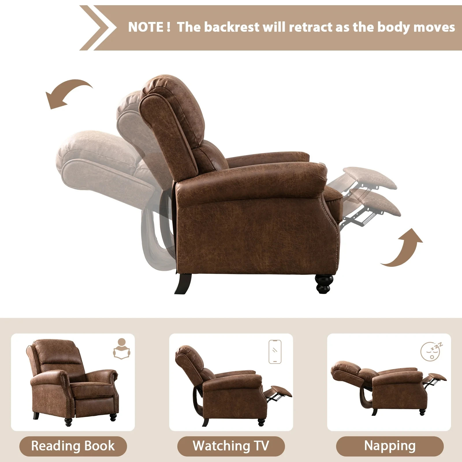 EBELLO Push Back Recliner Chair Studded Faux Leather Armchair for Living Room gallery