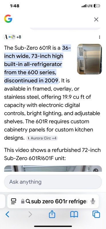 Sub-Zero 601R. Wood Panel Ready. Right Hand Hinge. Used. See Pics gallery