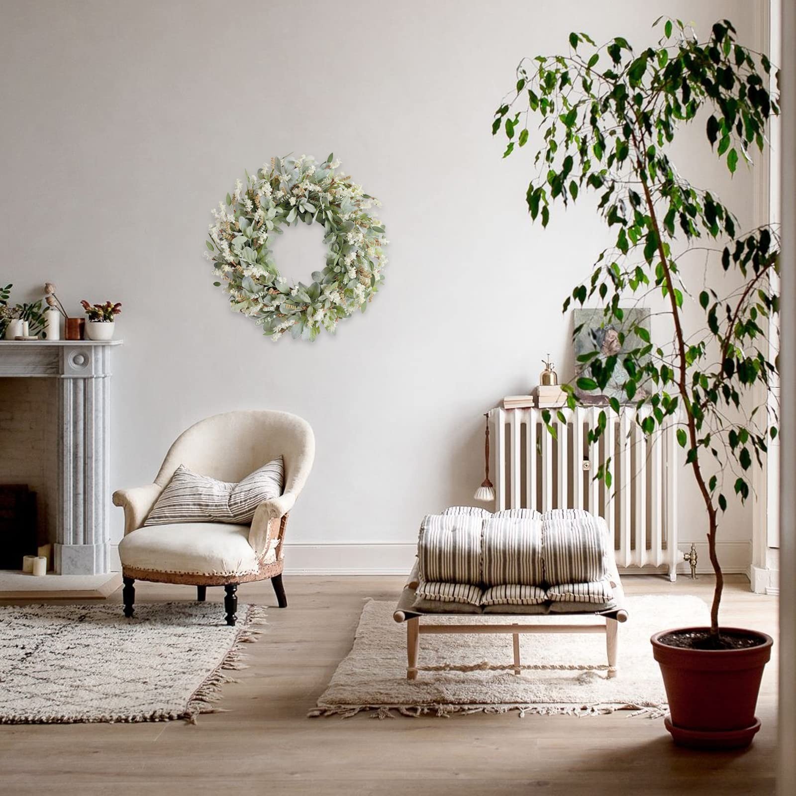 24 Inch Summer Spring Ivory Flowers Wreath for Front Door, Everyday Lamb Ears gallery