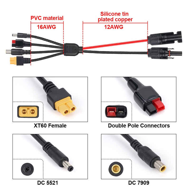 Solar Panel Extension Cable 4 In 1 DC5521 7909 XT60 Female Connector PV Wire 3ft gallery