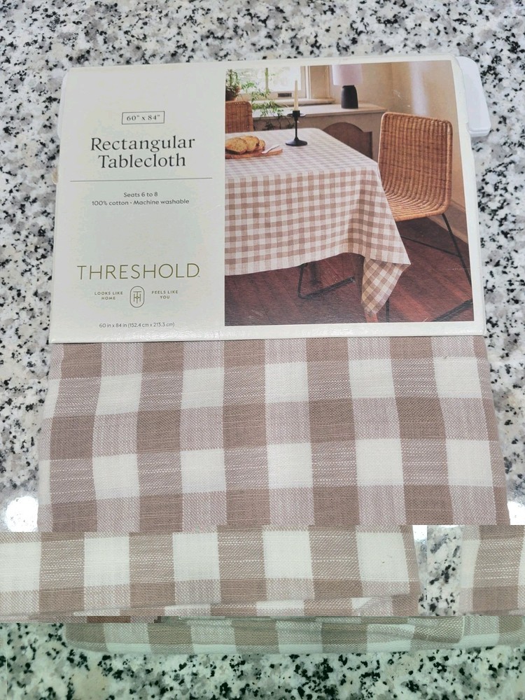 Threshold 60" X 84" Rectangular Tablecloth Checkered Neutral Colors New