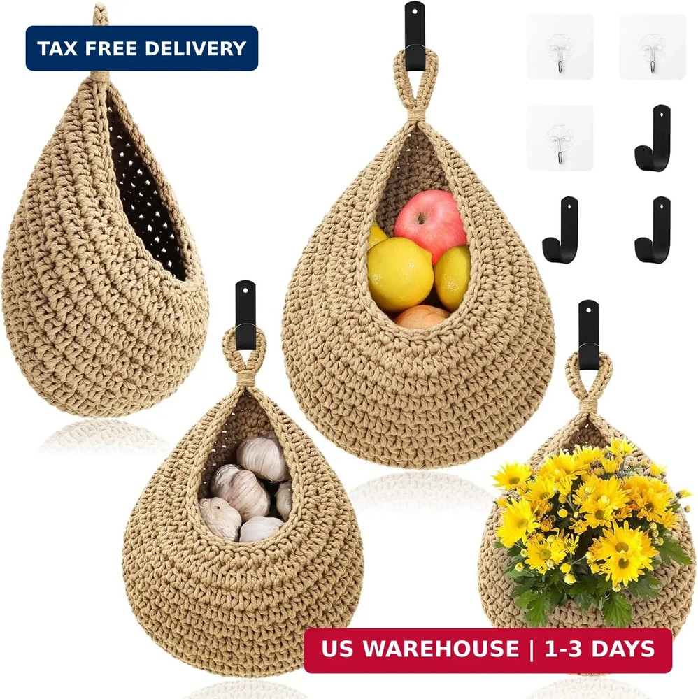 Wall Hanging Baskets for Organizing - 3 Pack Hanging Fruit Basket with 6 Pcs Str