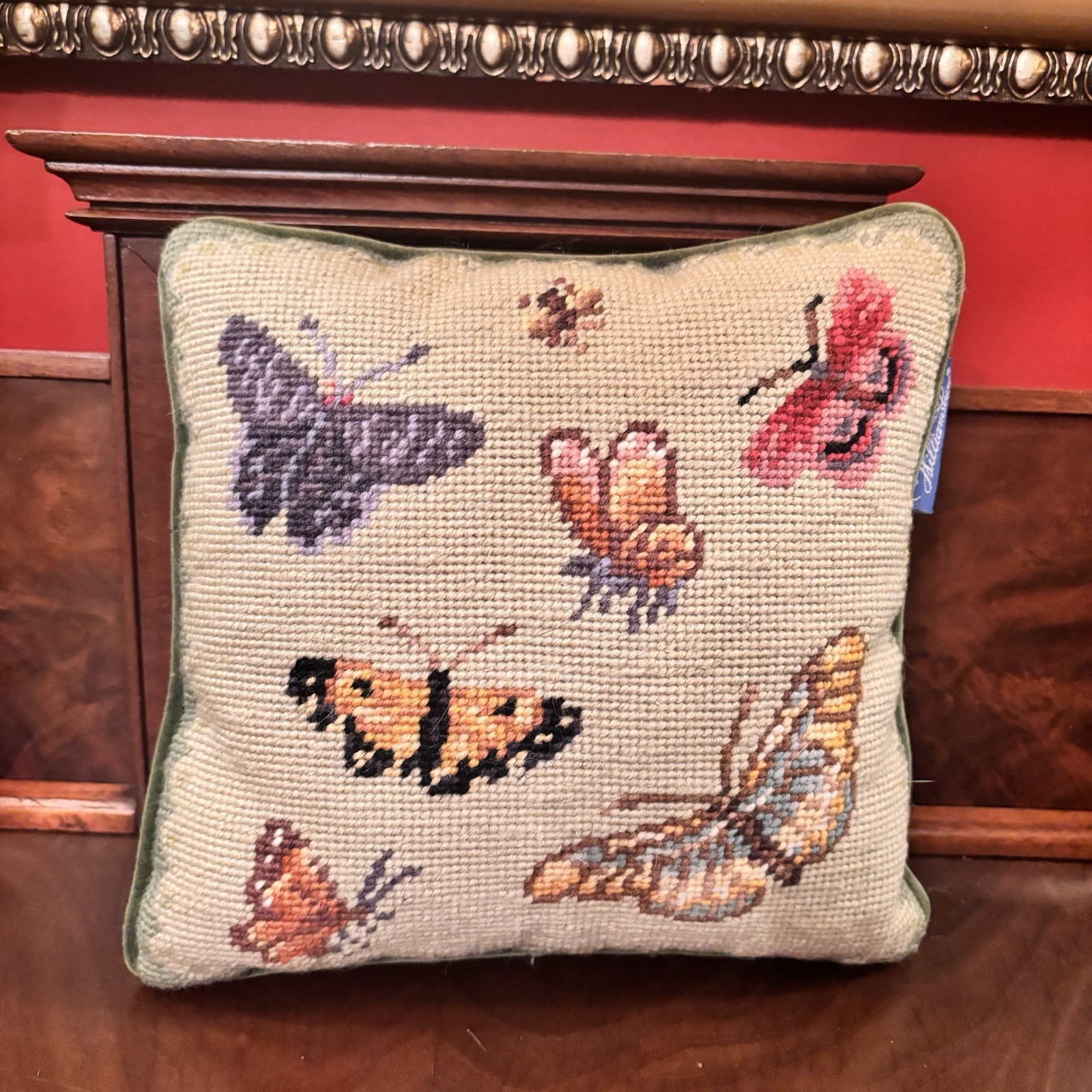 Williamsburg Needlepoint Butterfly Accent Pillow Green Velvet Back 10” x 10” gallery