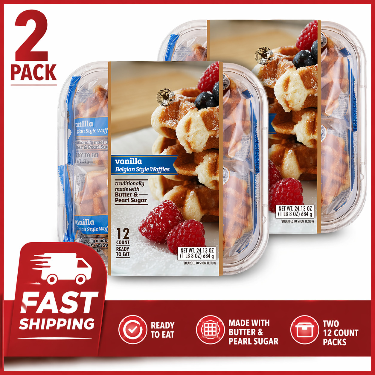 2 PACK Universal Bakery Belgian Style Waffles, Vanilla, 2 oz, 12 ct Ready to eat gallery