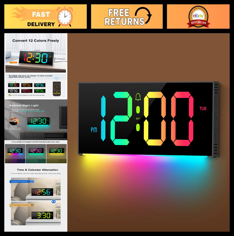 Large 12" Digital Wall Clock with Remote, RGB Color Changing, DST, Night Light f