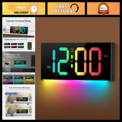 Large 12″ Digital Wall Clock with Remote, RGB Color Changing, DST, Night Light f