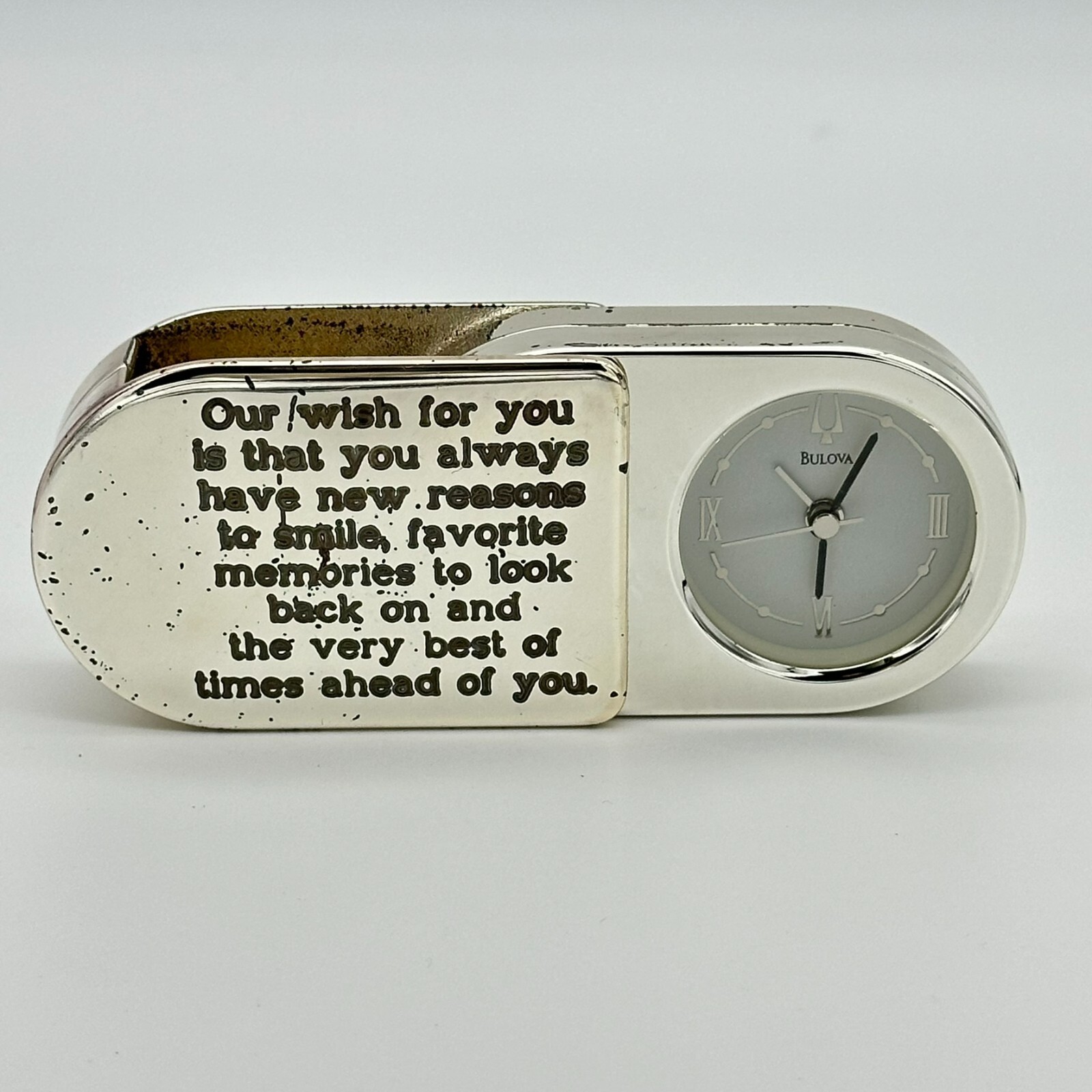 Vintage BULOVA Silver Tone Foldable Travel Quartz Alarm Clock, Runs (For Parts) gallery