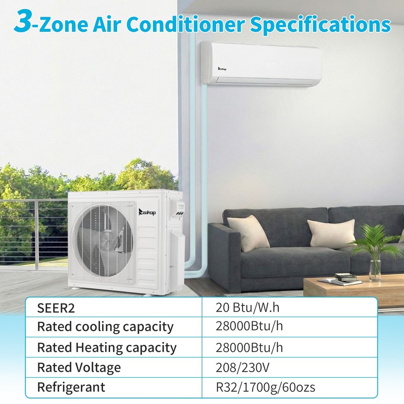28000 BTU Tri 3 Zone Ductless Mini Split Heat Pump Air Conditioner 9K+9K+18K BTU gallery
