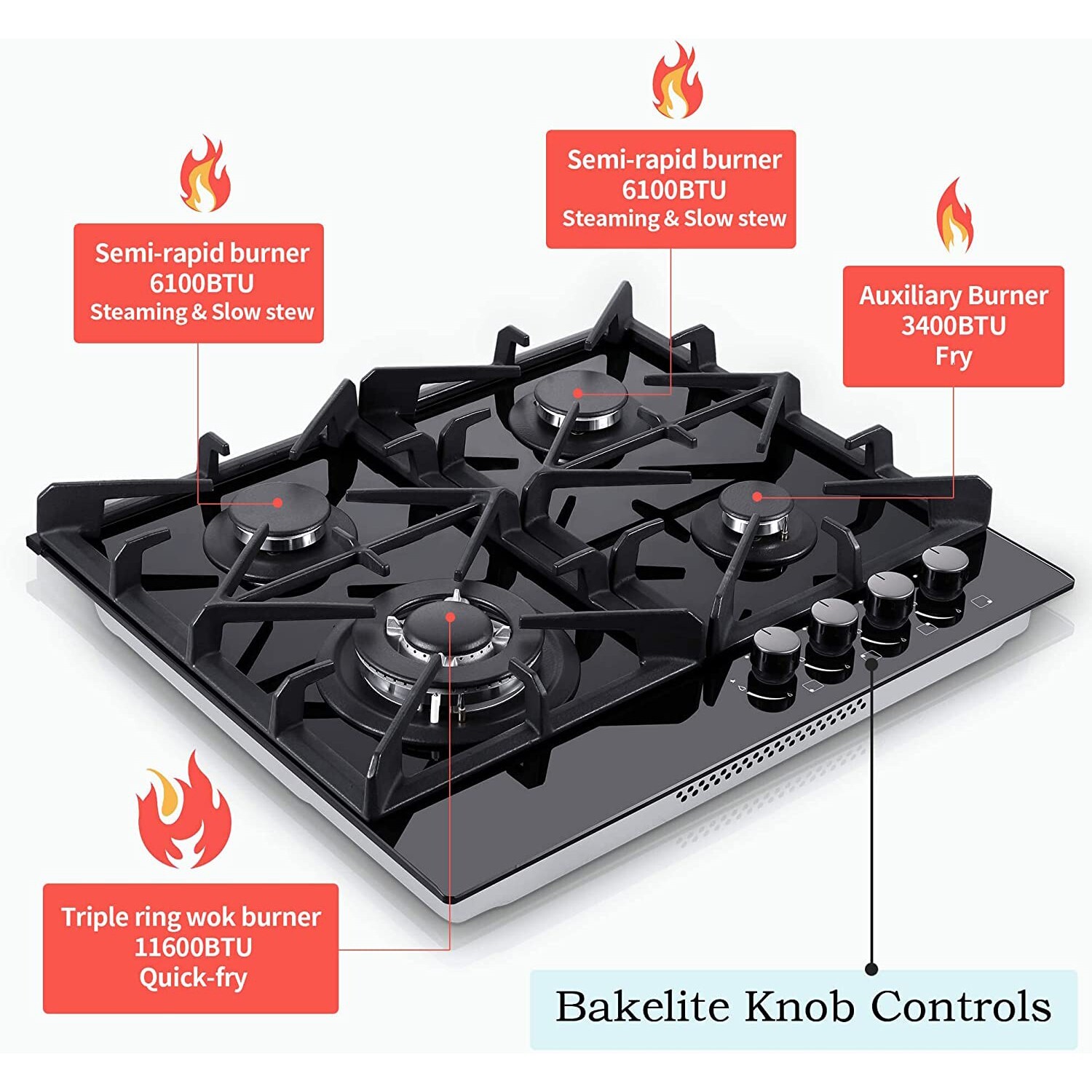 24" Kitchen Built-in Gas Cooktop 4 burners NG/LPG Stainless Steel Tempered Glass gallery