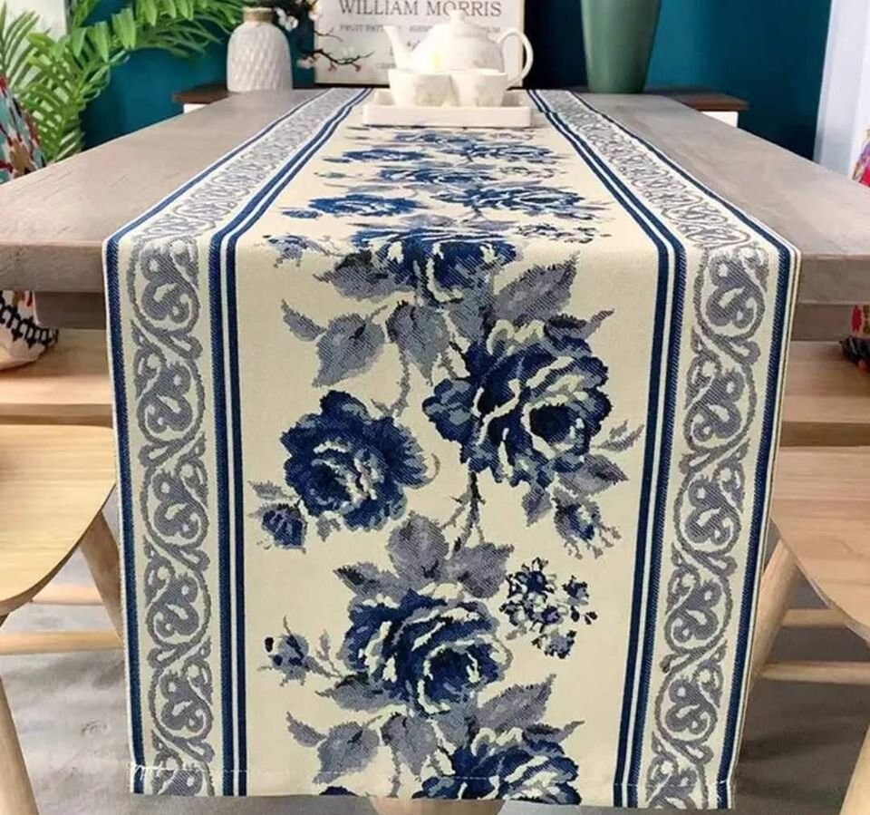 Blue & off white table runner Roses various sizes Spode Willow Johnson gallery
