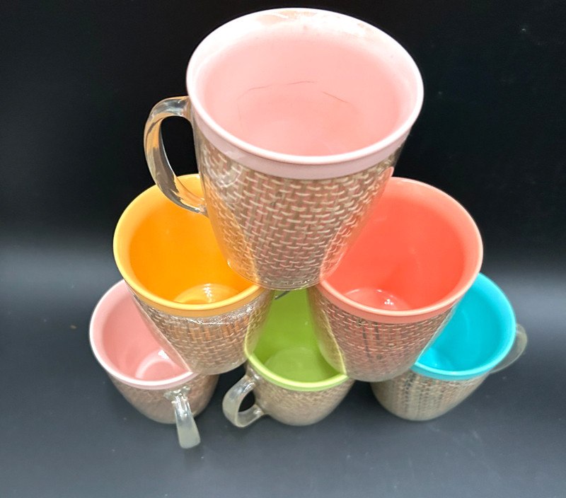 6 Vintage Thermo-Temp Raffiaware Burlap Acrylic Coffee Handled Mugs Cups 3 1/4" gallery