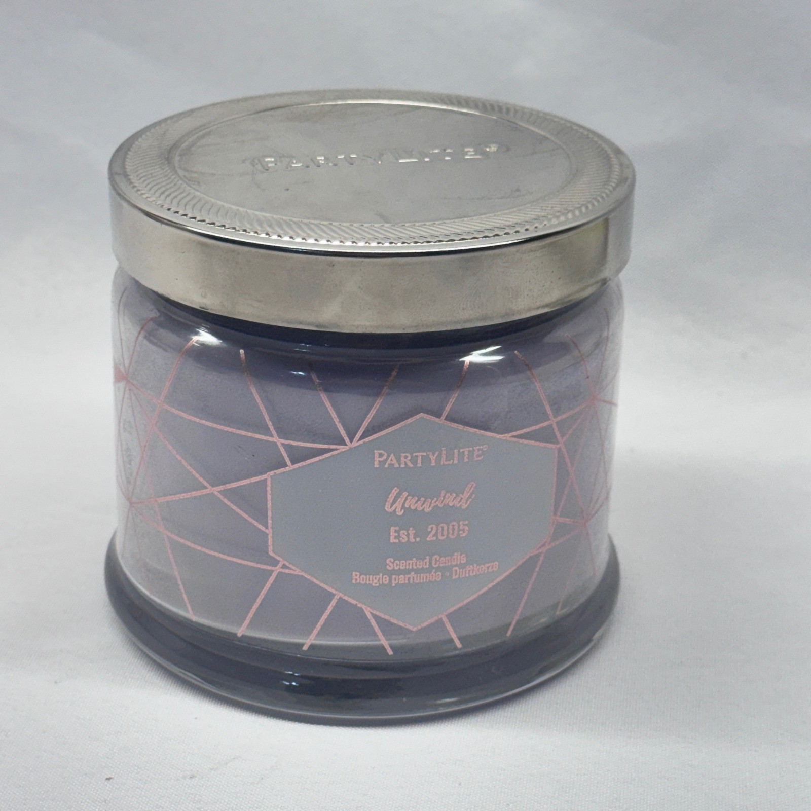 PartyLite Unwind 3-Wick Scented Candle Purple Geometric Jar G73675 Relaxing Spa gallery