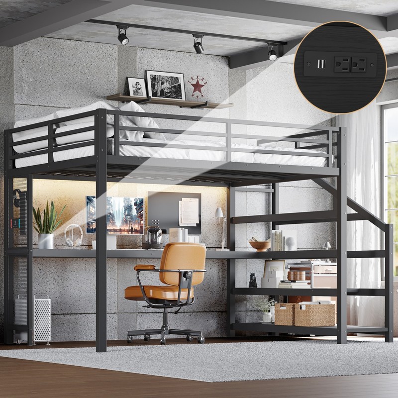 Queen Loft Bed with Desk and Storage Stairs, Metal Loft Beds with LED Lights gallery