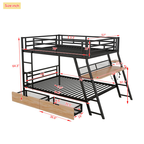 Full Size Metal Bunk Bed Frames with Built-in Desk LED Light and Storage Drawers gallery