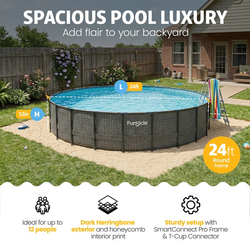 Funsicle 24' x 52" Oasis Designer Round Above Ground Pool, Dark Herringbone gallery