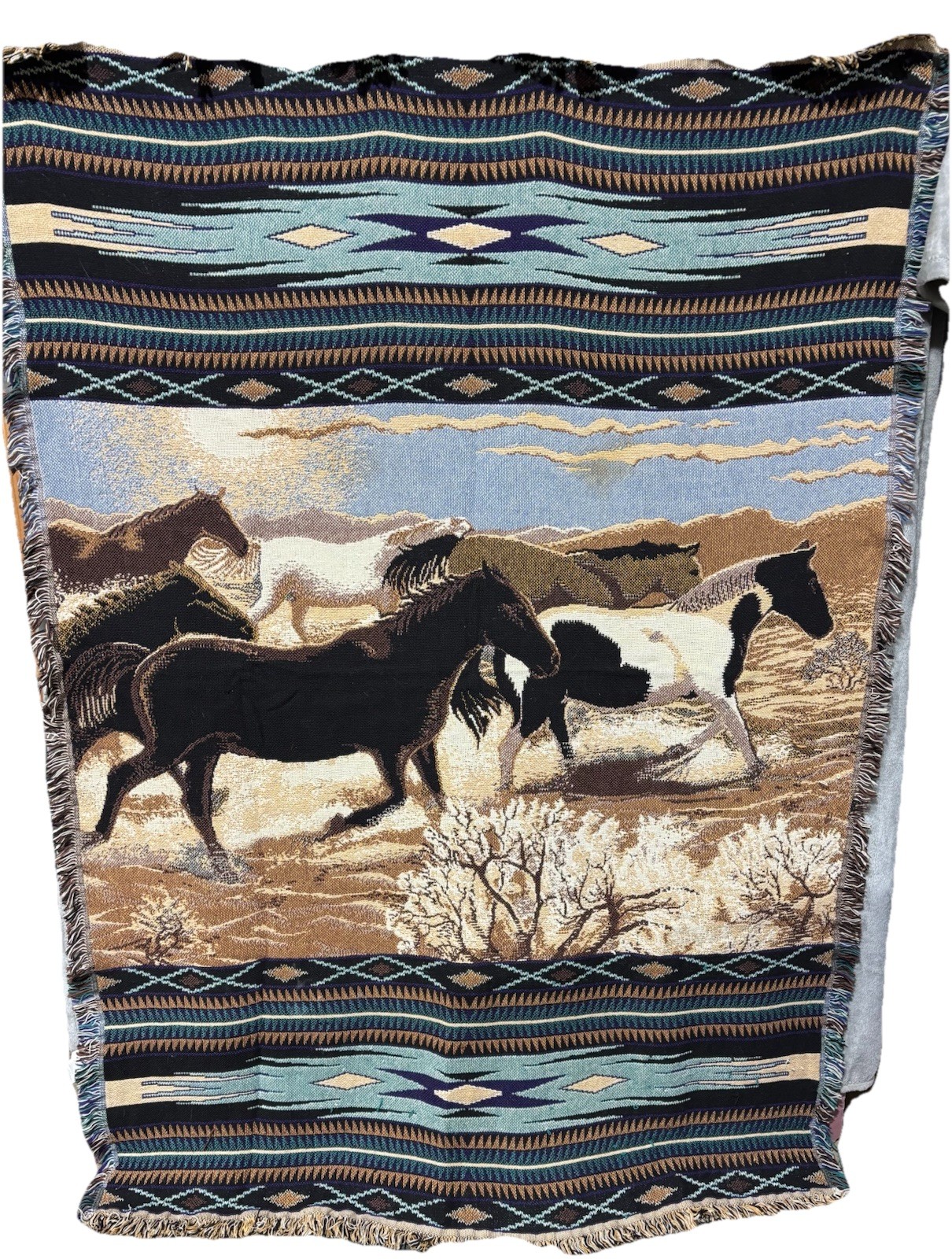 Vintage Goodwin Weavers Throw Tapestry Aztec Southwest Country Horses 48x70 gallery