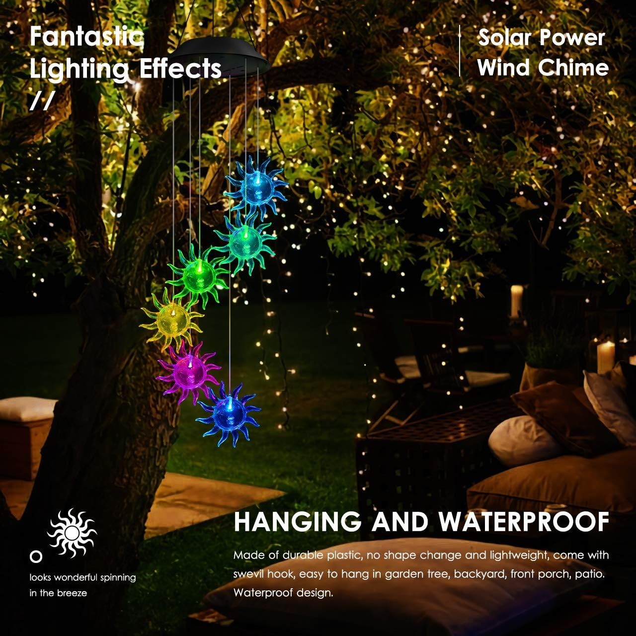LED Sun Wind Chime Solar Powered Lights Color-Changing Yard Garden Decor 1Pack gallery