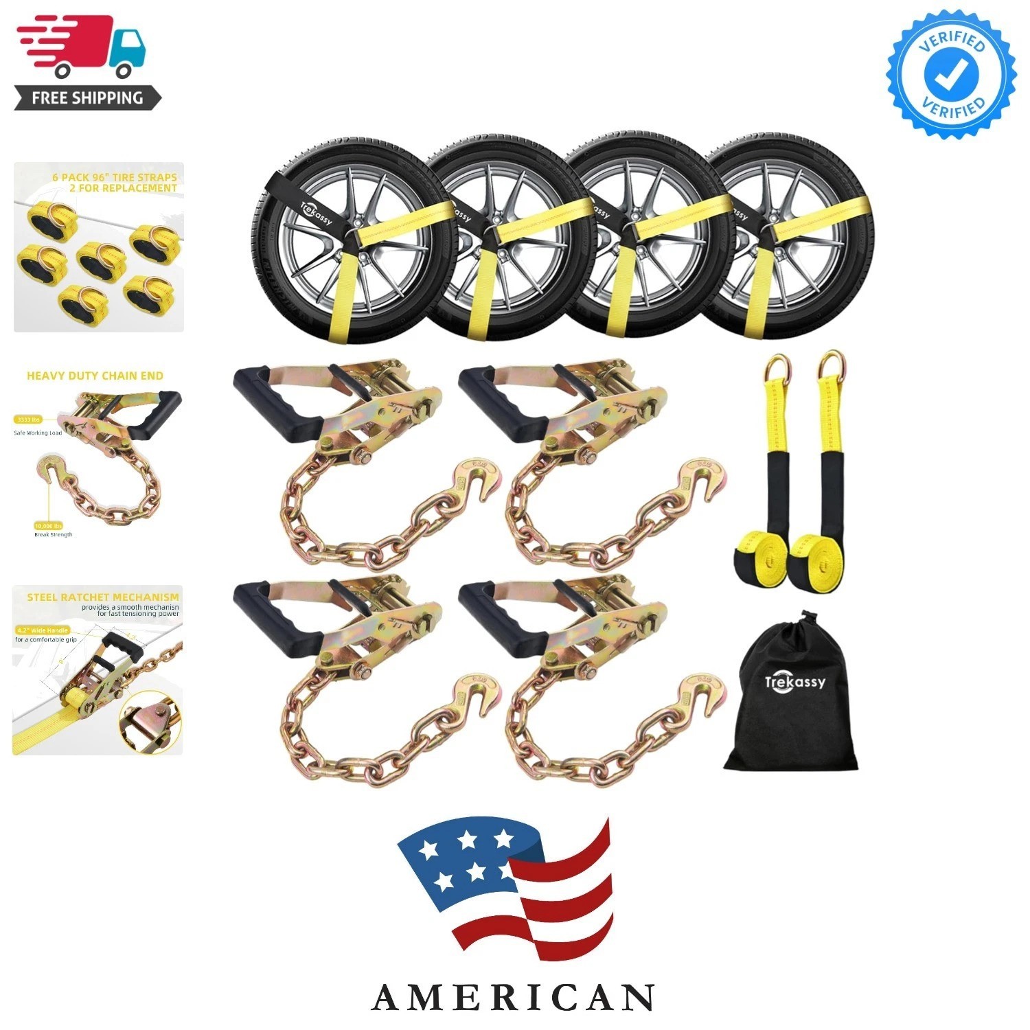 Car Tie Down Straps for Trailers Include 4 Ratchets with Steel Chain Anchors,... gallery