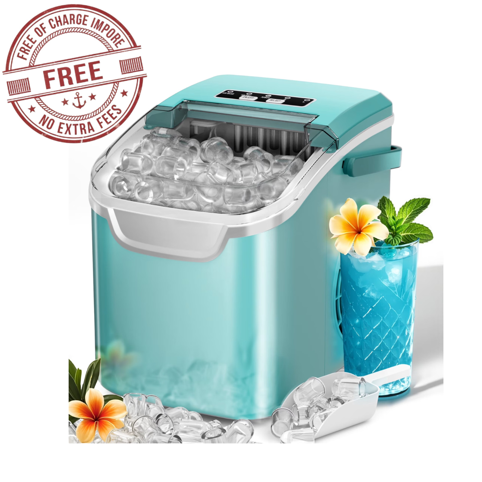 Auseo Countertop Ice Maker, 2 Sizes, 26Lbs/24H, 8 Ice in 6 Mins (Light Green) gallery