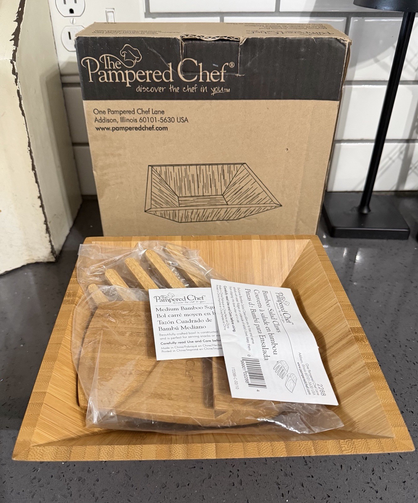 NEW Pampered Chef Bamboo Square Salad Serving Bowl & Claw Tongs, #2254 and #2288 gallery