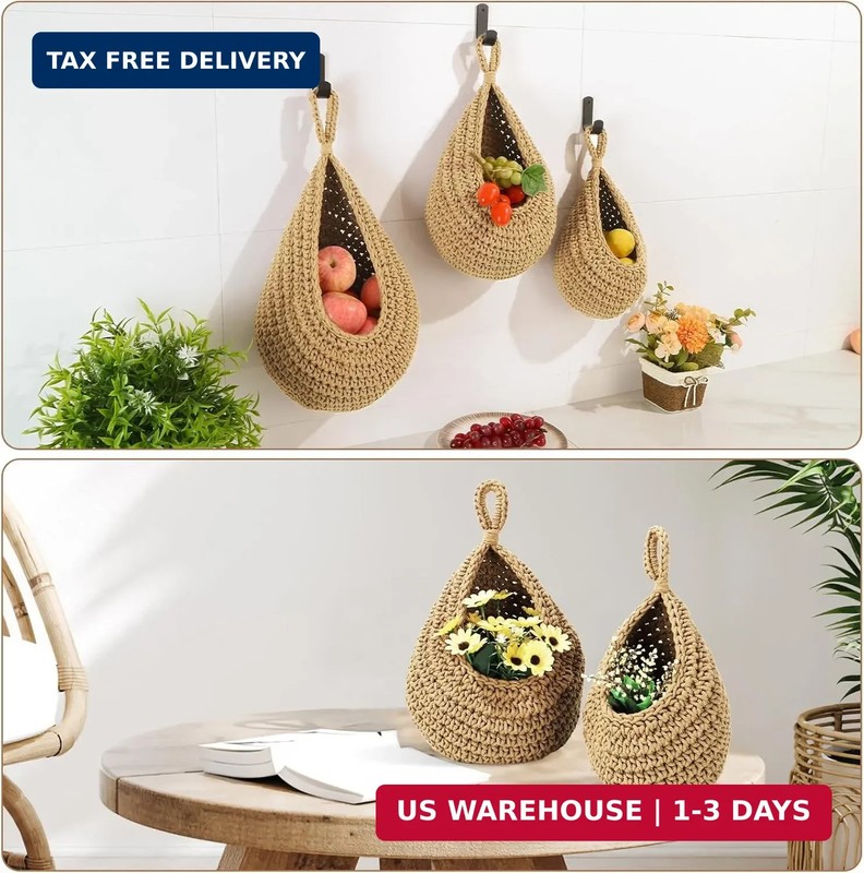 Wall Hanging Baskets for Organizing - 3 Pack Hanging Fruit Basket with 6 Pcs Str gallery