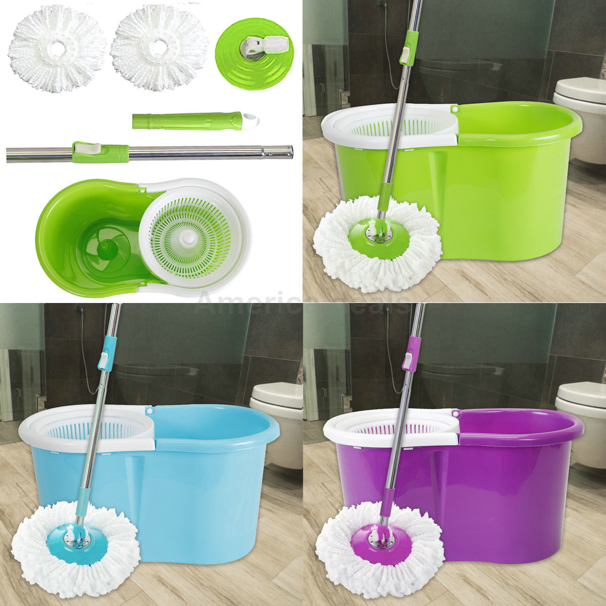 Mop Bucket Set Rolling Spin + 2x Easywring Microfiber Mop Head Replacement gallery