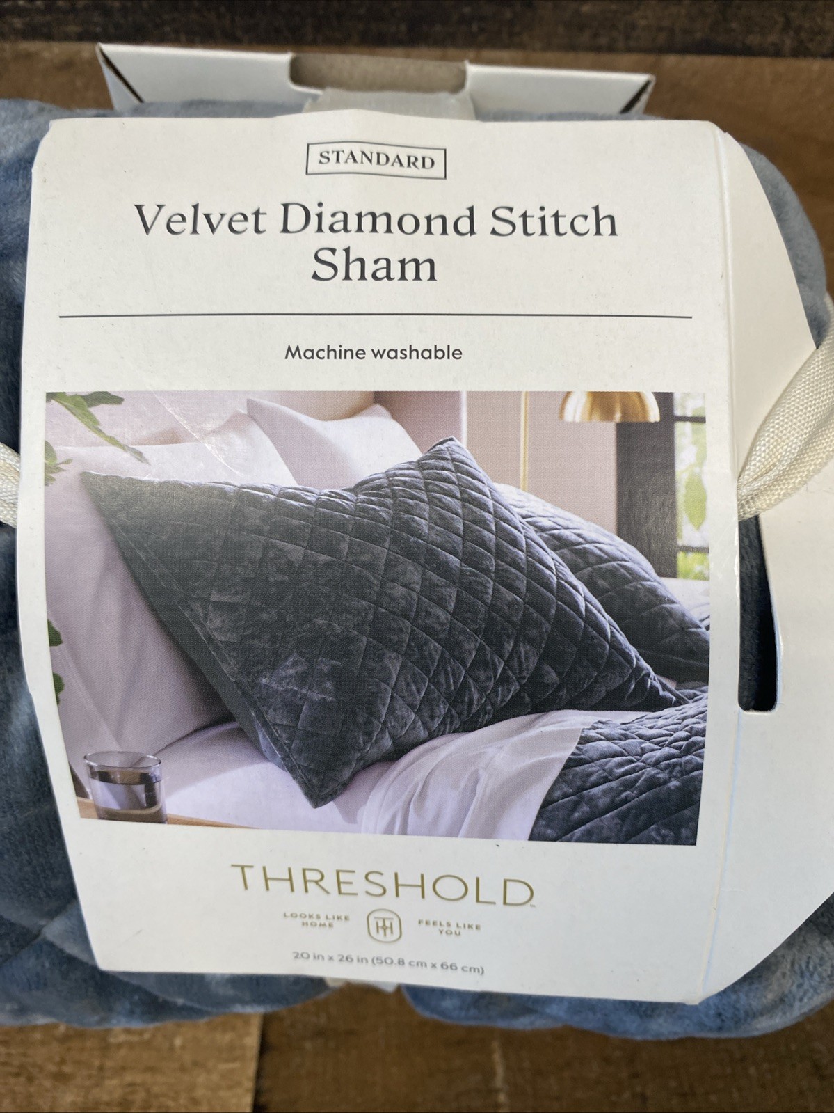 One Standard Luxe Diamond Stitch Velvet Quilt Pillow Sham Slate Blue Open Packag gallery