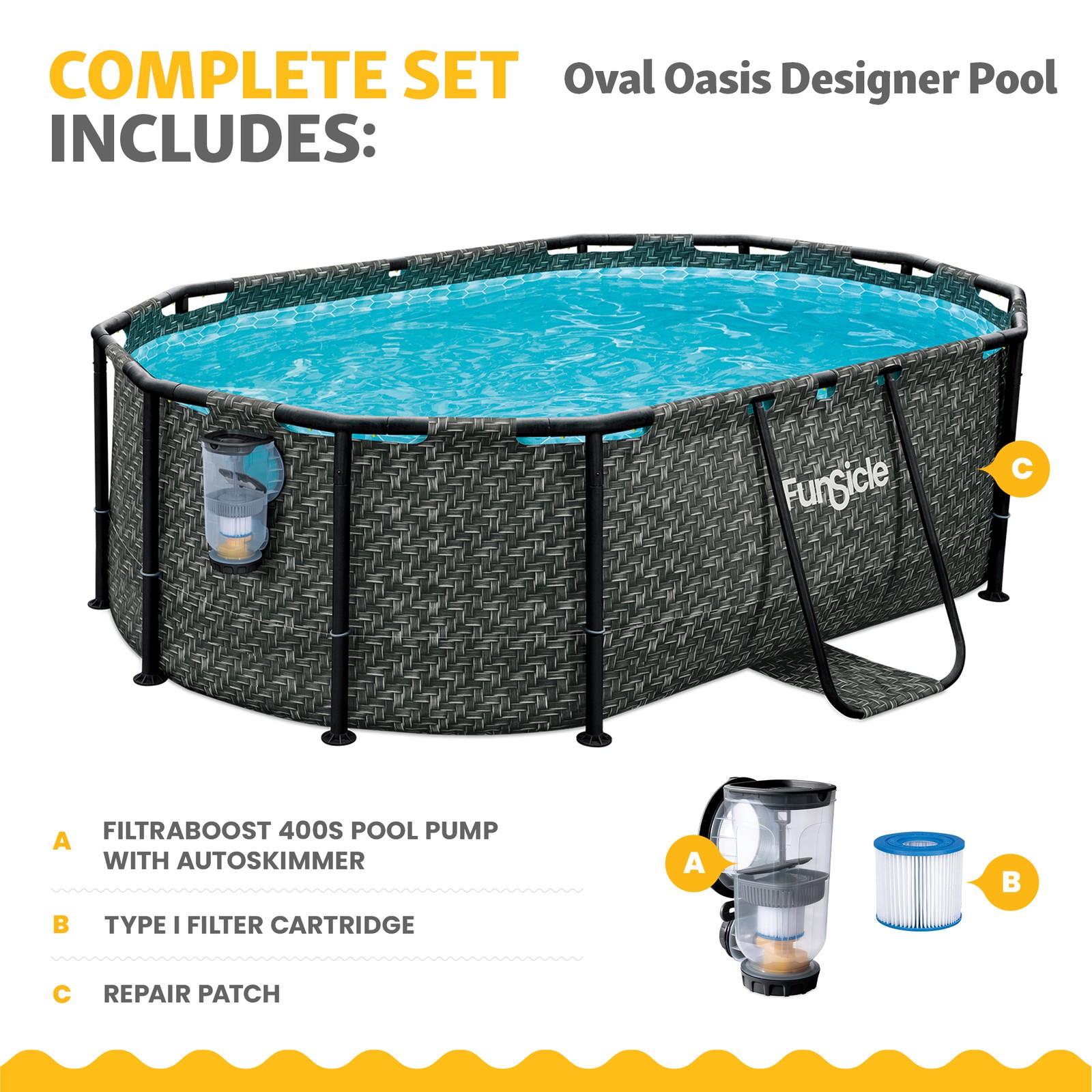 Funsicle 9'10" Oasis Designer Oval Above Ground Pool w/ Pump, Dark Herringbone gallery