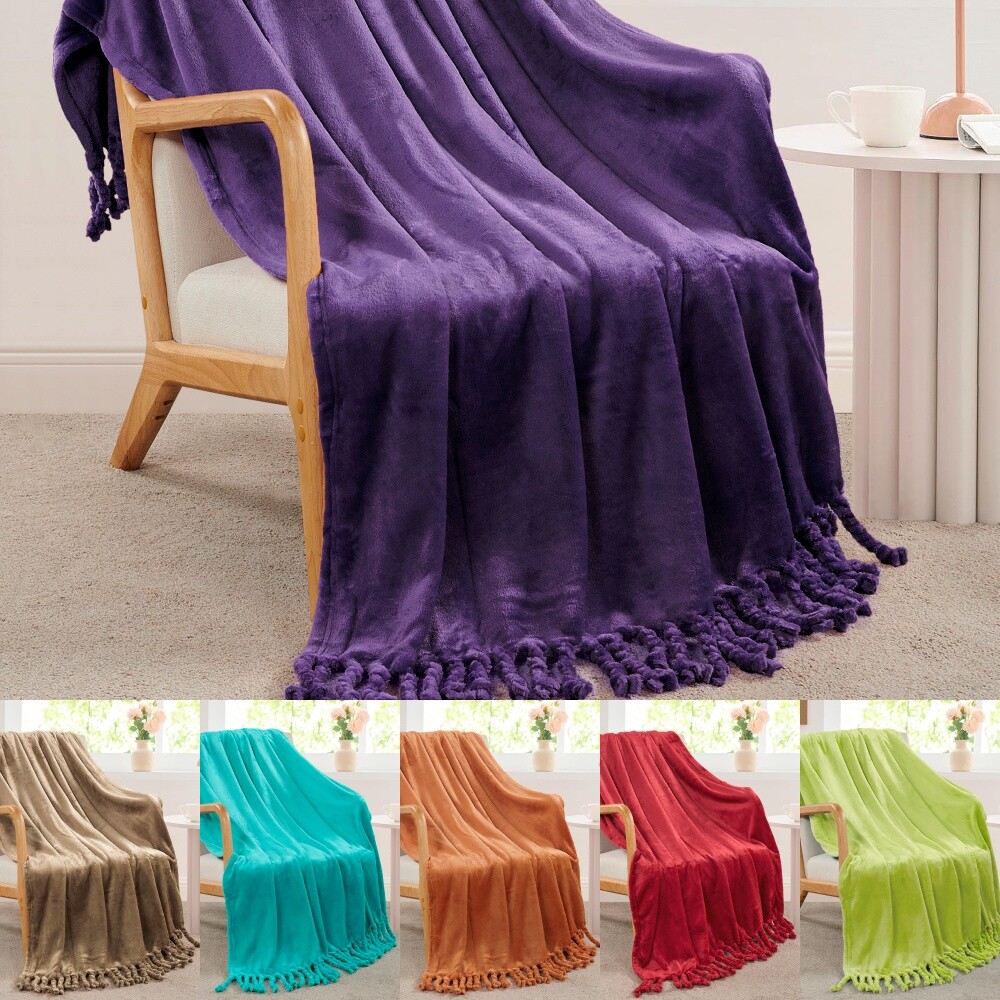 Throw Blankets Couch Cover Flannel Fleece Throw with Braided Rope Fringe Tassels